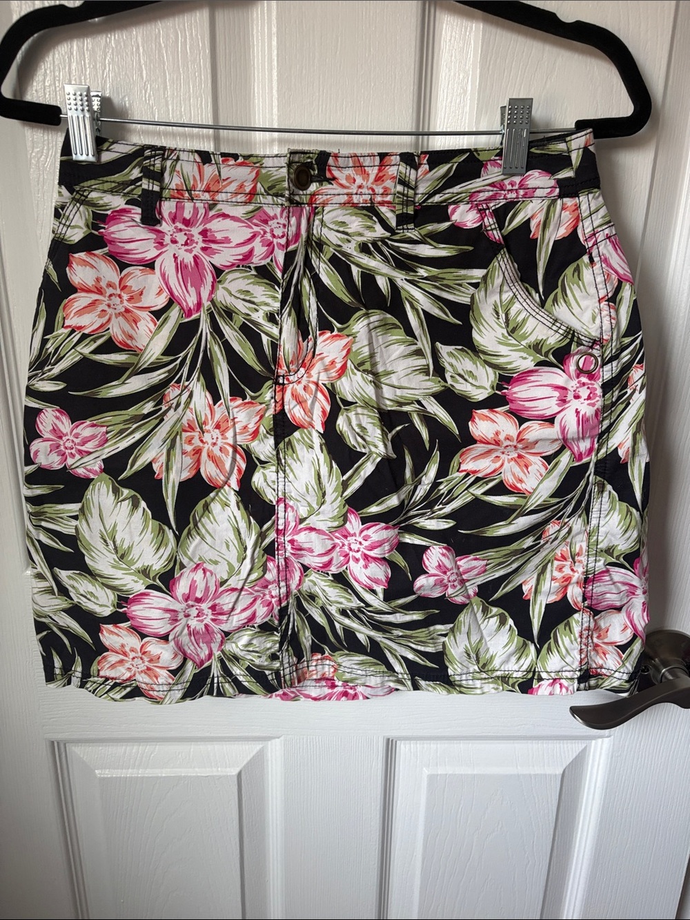croft & barrow Black Floral Mini Skirt with Pink & Green Tropical Print